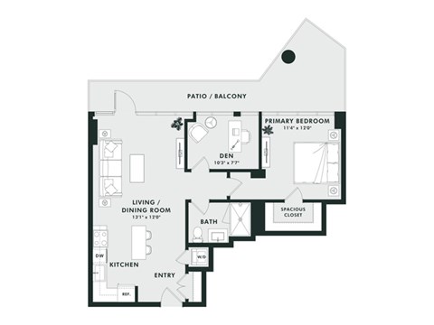 Floor plan for 1 bed, 1 bath, 853 sqft